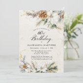 60歳の誕生日パーティー　冬の白い花と緑の葉 招待状 (スタンド正面)