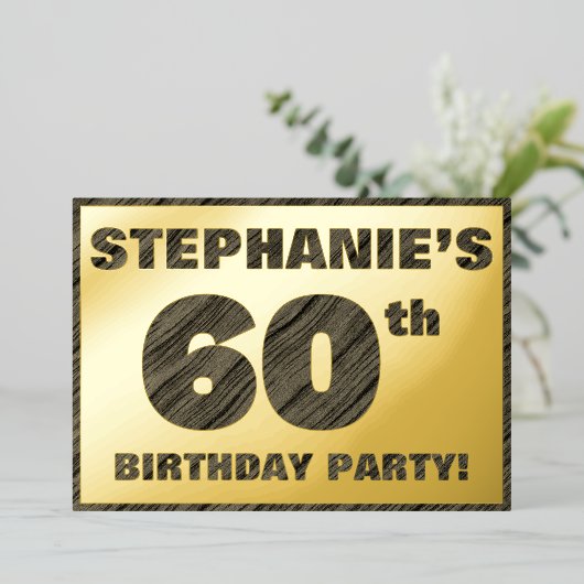 60歳の誕生日パーティー - 太字のフェイク木目テクスチャ 箔招待状 (立ち正面)