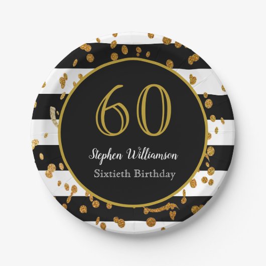 60歳の誕生日パーティー| 黒と白と金のラメ ペーパープレート (正面)