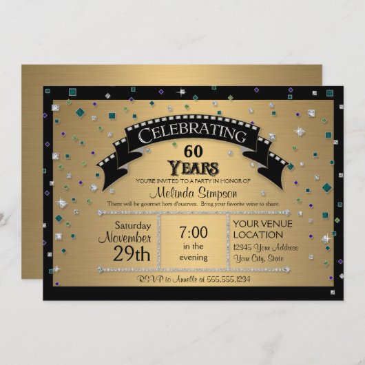 60歳の誕生日パーティ祝フェイクーの宝石紙吹雪 招待状 (正面/裏面)