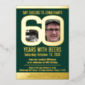 60歳の誕生日パーティ ゴルフ ビール 緑 金の写真 箔招待状 (正面)