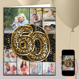 60歳の誕生日ヒョウ柄ゴールドバルーン 写真 カード