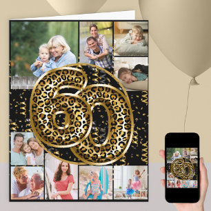60歳の誕生日ヒョウ柄ゴールドバルーン 写真 カード