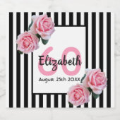 60歳の誕生日ピンクの白黒ストライプの花 スパークリングワインラベル (シングルラベル)