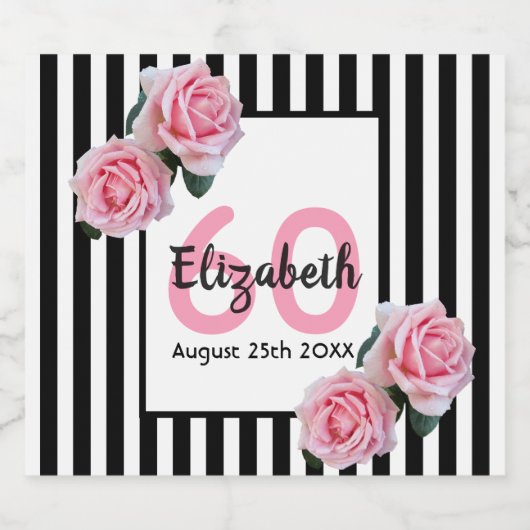 60歳の誕生日ピンクの白黒ストライプの花 スパークリングワインラベル (シングルラベル)