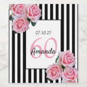 60歳の誕生日ピンクの花模様オン白黒ストライプ ワインラベル (シングルラベル)