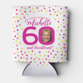 60歳の誕生日ピンクの黄色い紙吹雪2枚 缶クーラー (正面)