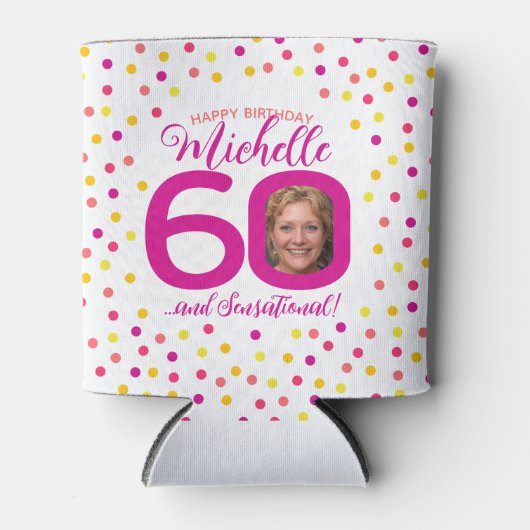 60歳の誕生日ピンクの黄色い紙吹雪2枚 缶クーラー (正面)