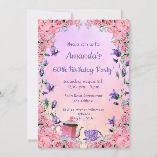 60歳の誕生日ピンクバイオレットティーパーティー 招待状 (正面)