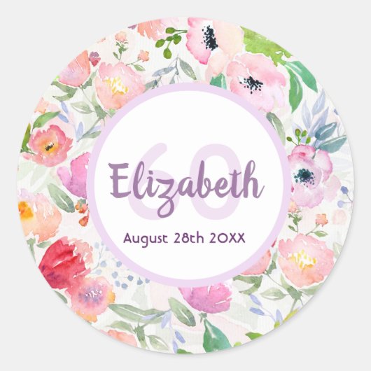 60歳の誕生日ピンクパープル花模様 ラウンドシール (正面)