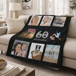 60歳の誕生日フォトコラージュブラック フリースブランケット
