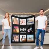 60歳の誕生日フォトコラージュブラック フリースブランケット