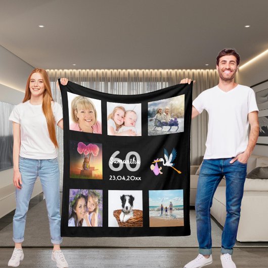 60歳の誕生日フォトコラージュブラック フリースブランケット