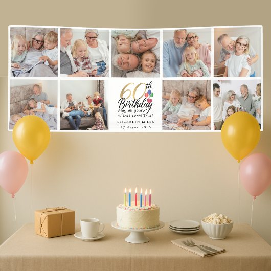60歳の誕生日フォトコラージュ ゴールド手書き風タイポグラフィ 横断幕