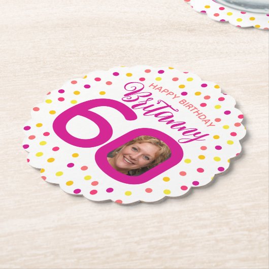 60歳の誕生日フォトピンクゴールデンイエロー紙吹雪 ペーパーコースター (アングル)