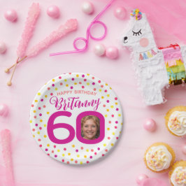 60歳の誕生日フォトピンクゴールデンイエロー紙吹雪 ペーパープレート