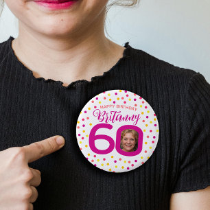 60歳の誕生日フォトピンクゴールデンイエロー紙吹雪 缶バッジ