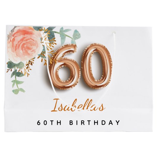 60歳の誕生日フローラバラ金ゴールドユーカリ誕生日 ラージペーパーバッグ (裏面)