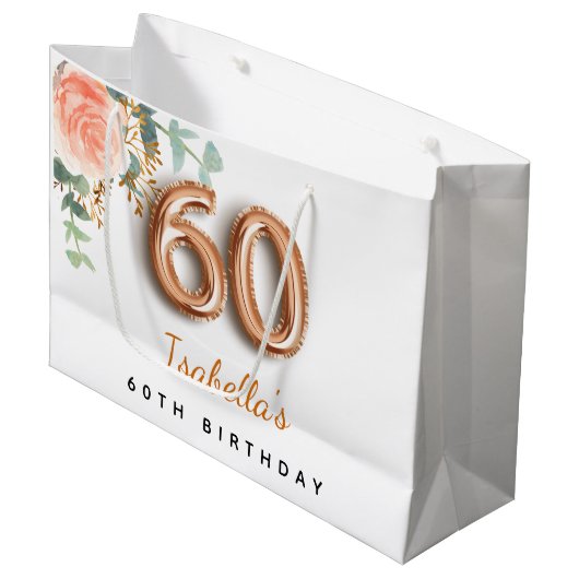 60歳の誕生日フローラバラ金ゴールドユーカリ誕生日 ラージペーパーバッグ (正面アングル)