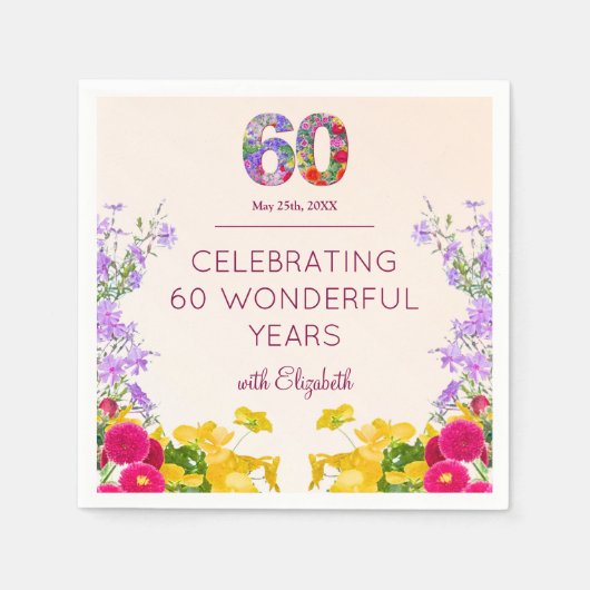 60歳の誕生日フローラモダン60年のパーティー スタンダードカクテルナプキン (正面)