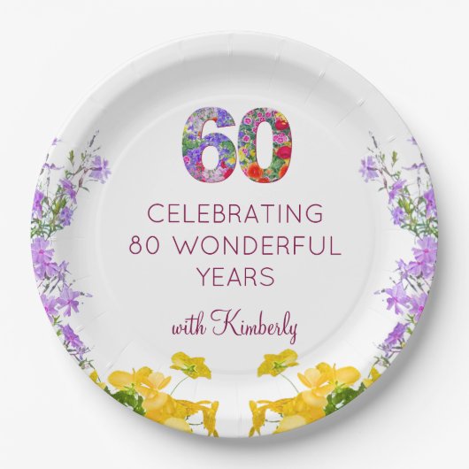 60歳の誕生日フローラモダン60年のパーティー ペーパープレート (正面)