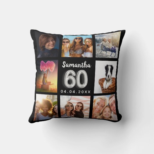 60歳の誕生日ブラックシルバーカスタムフォトコラージュ クッション (裏面)