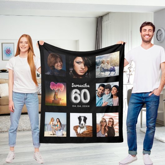 60歳の誕生日ブラックシルバー写真コラージュの名前 フリースブランケット