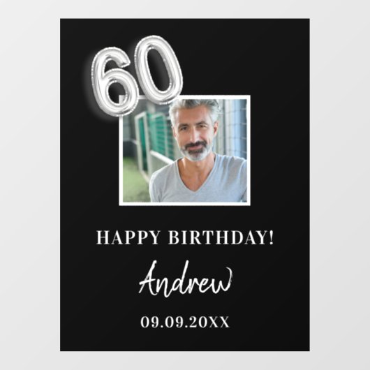 60歳の誕生日ブラックシルバー写真名男の男性 ウィンドウサイン (シート)