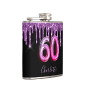 60歳の誕生日ブラックパープルグリッタースクリプトの友人 フラスク (右)