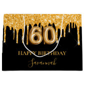 60歳の誕生日ブラック金ゴールドグリッタードライブ名 ラージペーパーバッグ (正面)