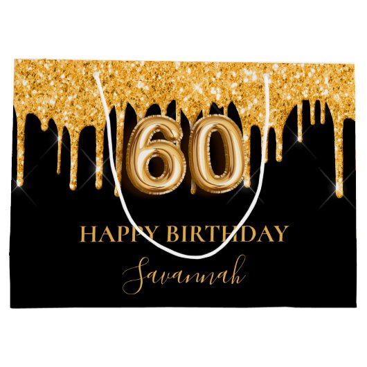 60歳の誕生日ブラック金ゴールドグリッタードライブ名 ラージペーパーバッグ (裏面)