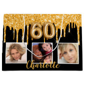 60歳の誕生日ブラック金ゴールドグリッタードリップフォト ラージペーパーバッグ (正面)