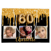 60歳の誕生日ブラック金ゴールドグリッタードリップフォト ラージペーパーバッグ (裏面)