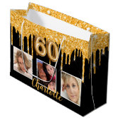 60歳の誕生日ブラック金ゴールドグリッタードリップフォト ラージペーパーバッグ (正面アングル)