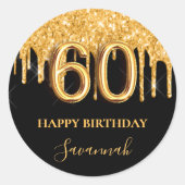 60歳の誕生日ブラック金ゴールドグリッターバルーンパーティー ラウンドシール (正面)