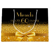 60歳の誕生日ブラック金ゴールドスパークルの名前 ラージペーパーバッグ (正面)