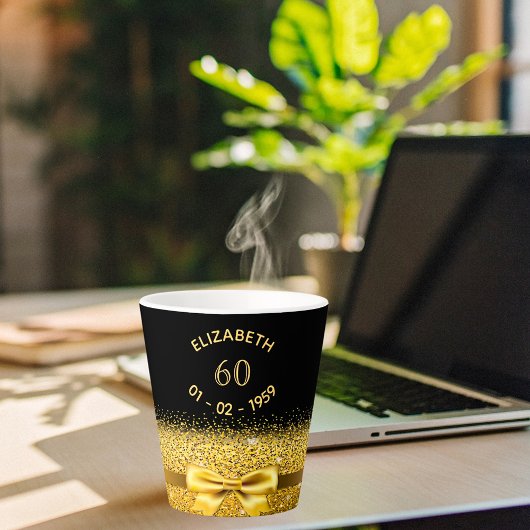 60歳の誕生日ブラック金ゴールドボウ カフェラテマグ