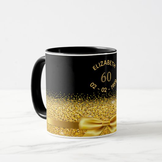 60歳の誕生日ブラック金ゴールド名クラシックエレガントボウ マグカップ (正面左)