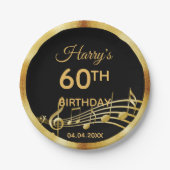 60歳の誕生日ブラック金ゴールド音楽ノート男性たち ペーパープレート (正面)