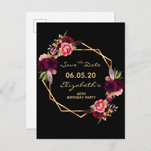 60歳の誕生日ブルゴーニュフローラブラック日付を保存 ポストカード (正面/裏面)
