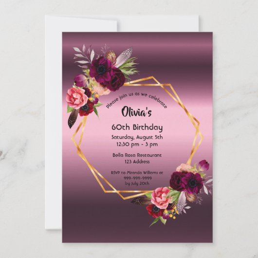 60歳の誕生日ブルゴーニュ花模様紫の幾何学的 招待状 (正面)