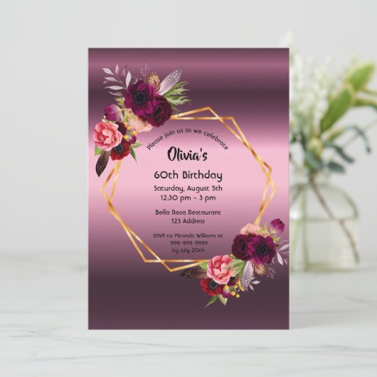 60歳の誕生日ブルゴーニュ花模様紫の幾何学的 招待状 (スタンド正面)
