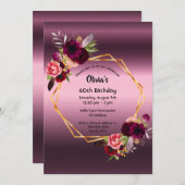 60歳の誕生日ブルゴーニュ花模様紫の幾何学的 招待状 (正面/裏面)