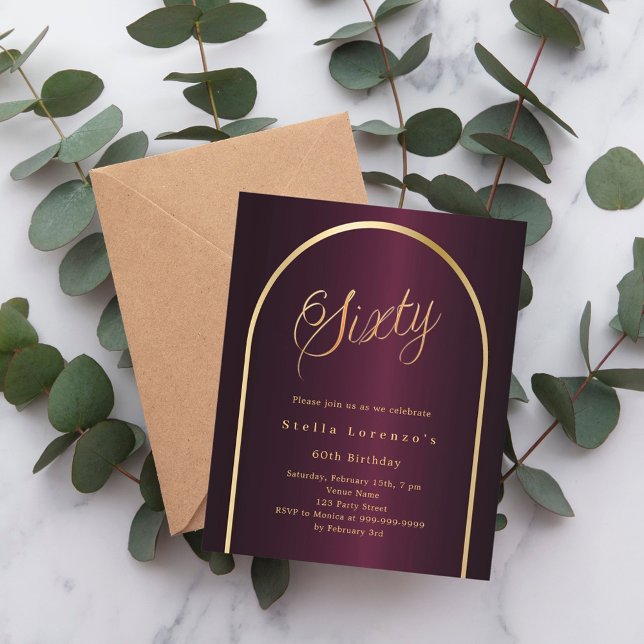 60歳の誕生日ブルゴーニュ金ゴールドアーチスクリプトの招待 (クリエイターアップロード済み)