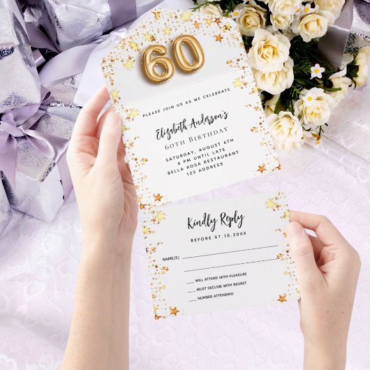 60歳の誕生日ホワイトスター金ゴールドパーティーRSVP オールインワン招待状