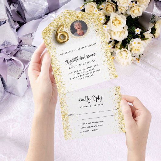 60歳の誕生日ホワイト金ゴールド写真パーティーRSVP オールインワン招待状