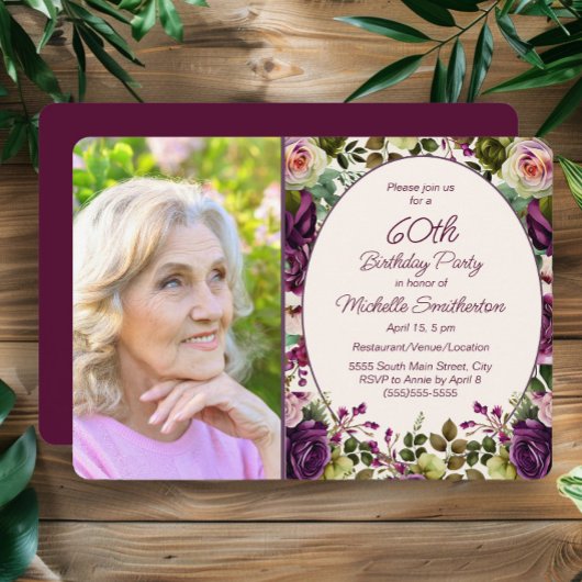 60歳の誕生日ボタニカルフォト 紫色のピンクの花 招待状