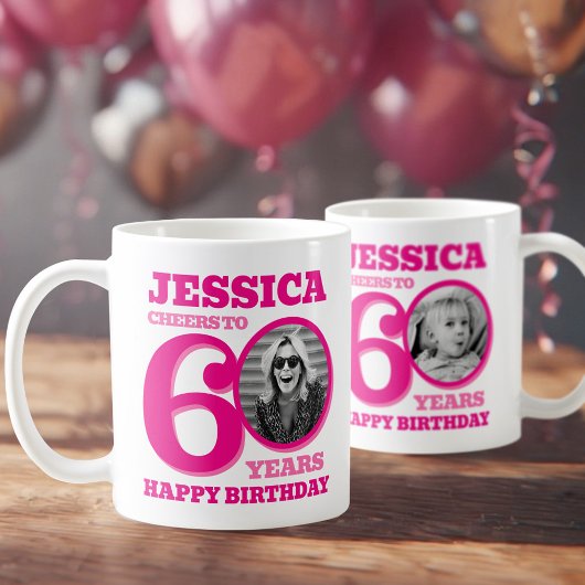 60歳の誕生日両面写真 名前 ピンクのテキスト コーヒーマグカップ