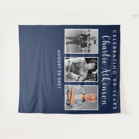 60歳の誕生日写真コラージュ背景バナー タペストリー (正面(横))