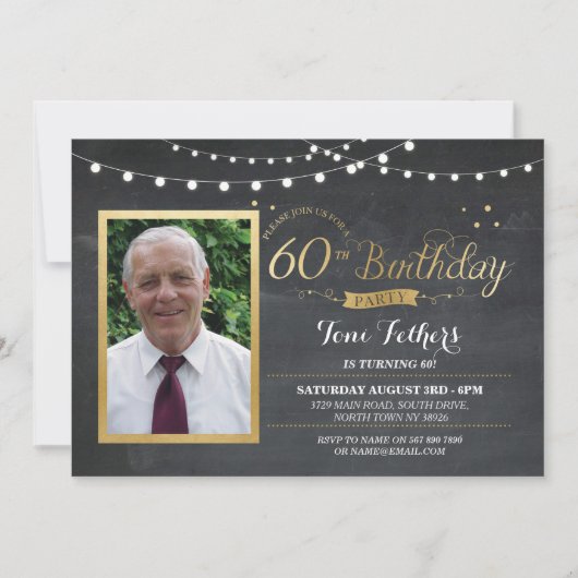 60歳の誕生日写真チョークラスティックゴールド招待状 招待状 (正面)